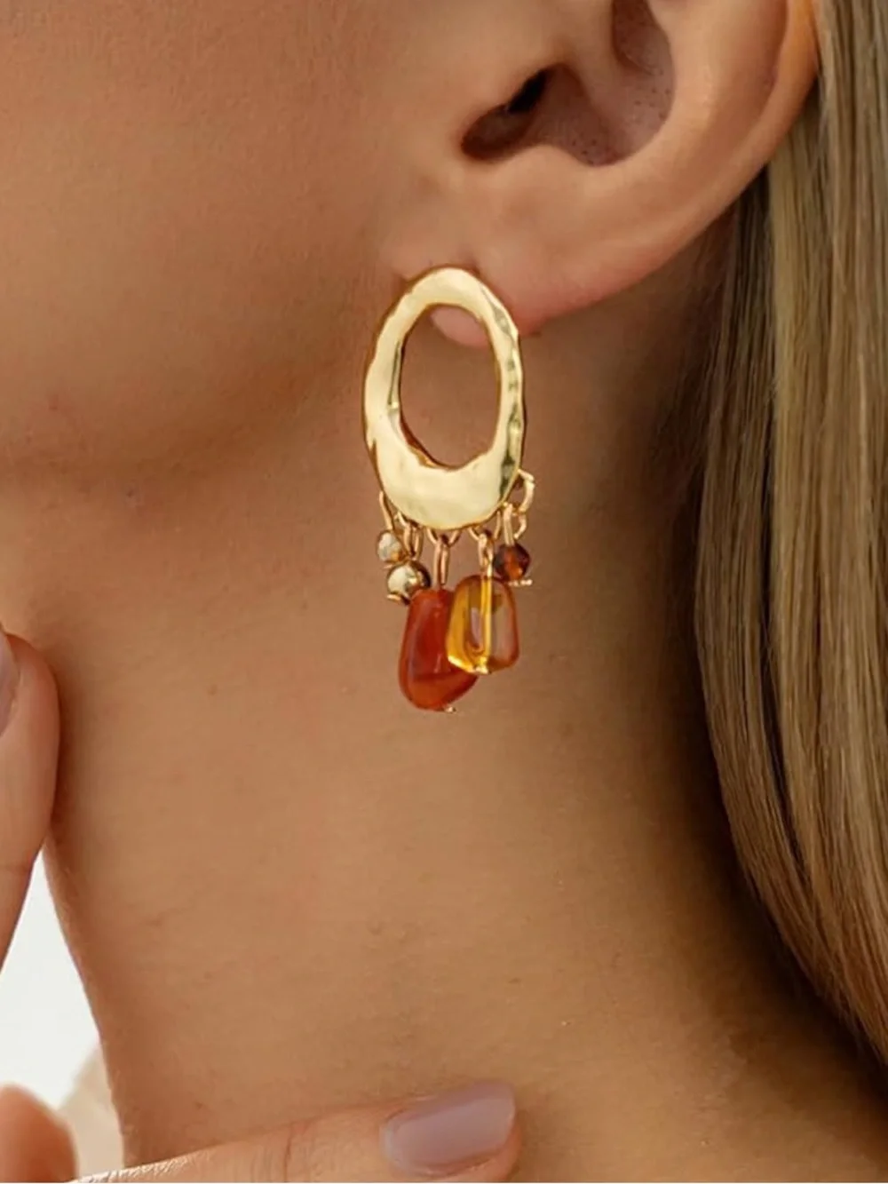 Anthropologie Gold Hoop Earrings with Amber & Orange Beads